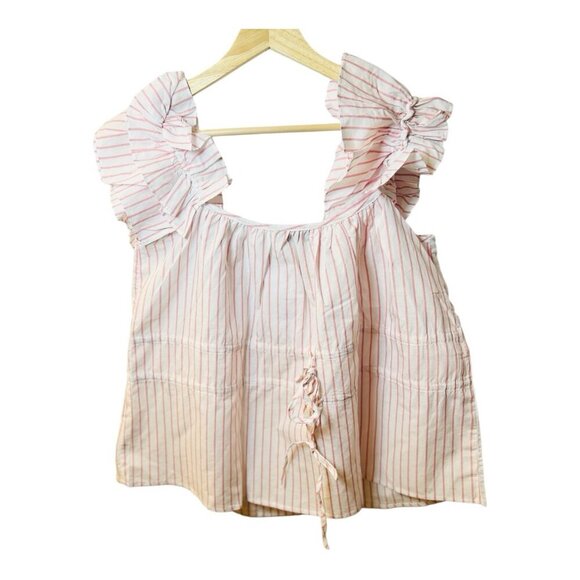 Harshman Alize Striped Ruffle Trim Peplum Linen Blouse Top Medium Pink White - Picture 4 of 7